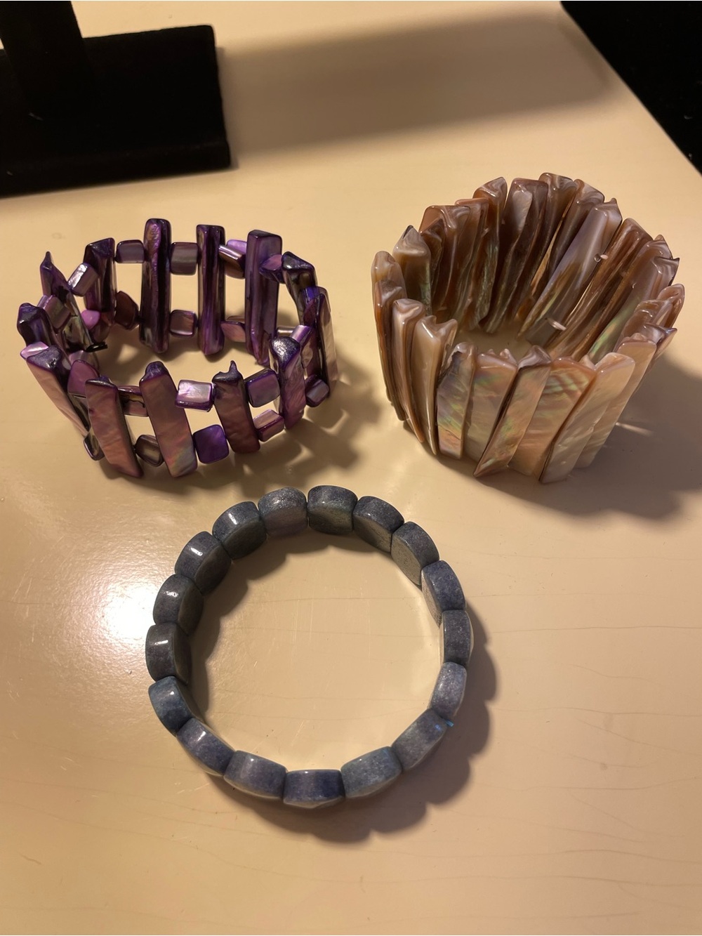Set of Three Stretch Beaded Bracelets - Purple, Shell, Slate